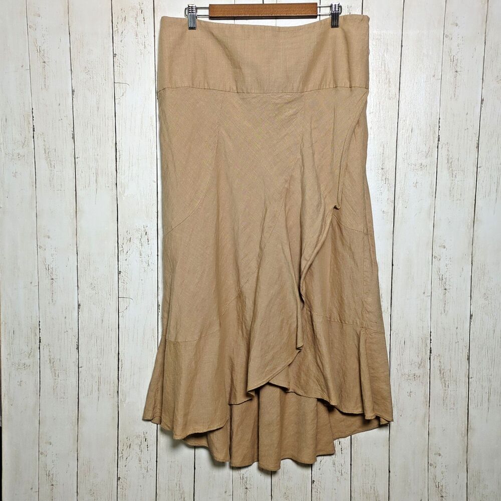 Vintage Linen Blend Midi Skirt Tan Size 16 Cottagecore Boho Summer Party Wedding